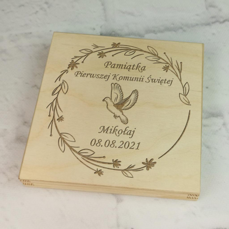 Pudełko na pieniądze na prezent Pamiątka Pierwszej Komunii Świętej gołąb + imię